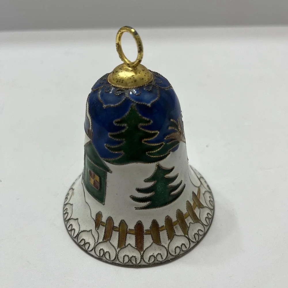 Vintage Christmas Cloisonné Bell Tree Ornament Snowman 3.25